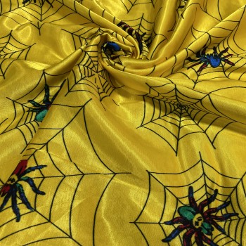 Κίτρινο Σατέν Αποκριάτικο με Χρωματιστές Αράχνες και Μαύρους Ιστούς